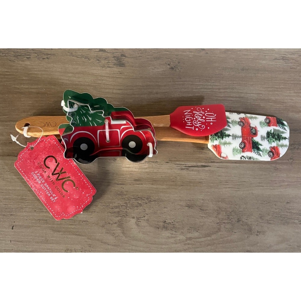 NEW Cook With Color Holiday 3pc Baking Set Red & Truck Spatulas & Cookie Cutter